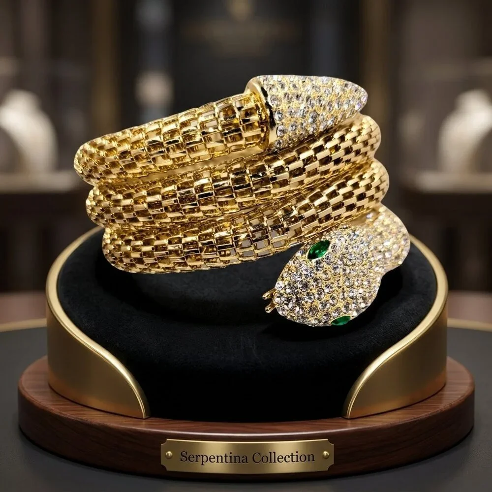 Gold Snake Coil Wrap Bracelet - Pave Rhinestones & Green Eyes - Statement Piece